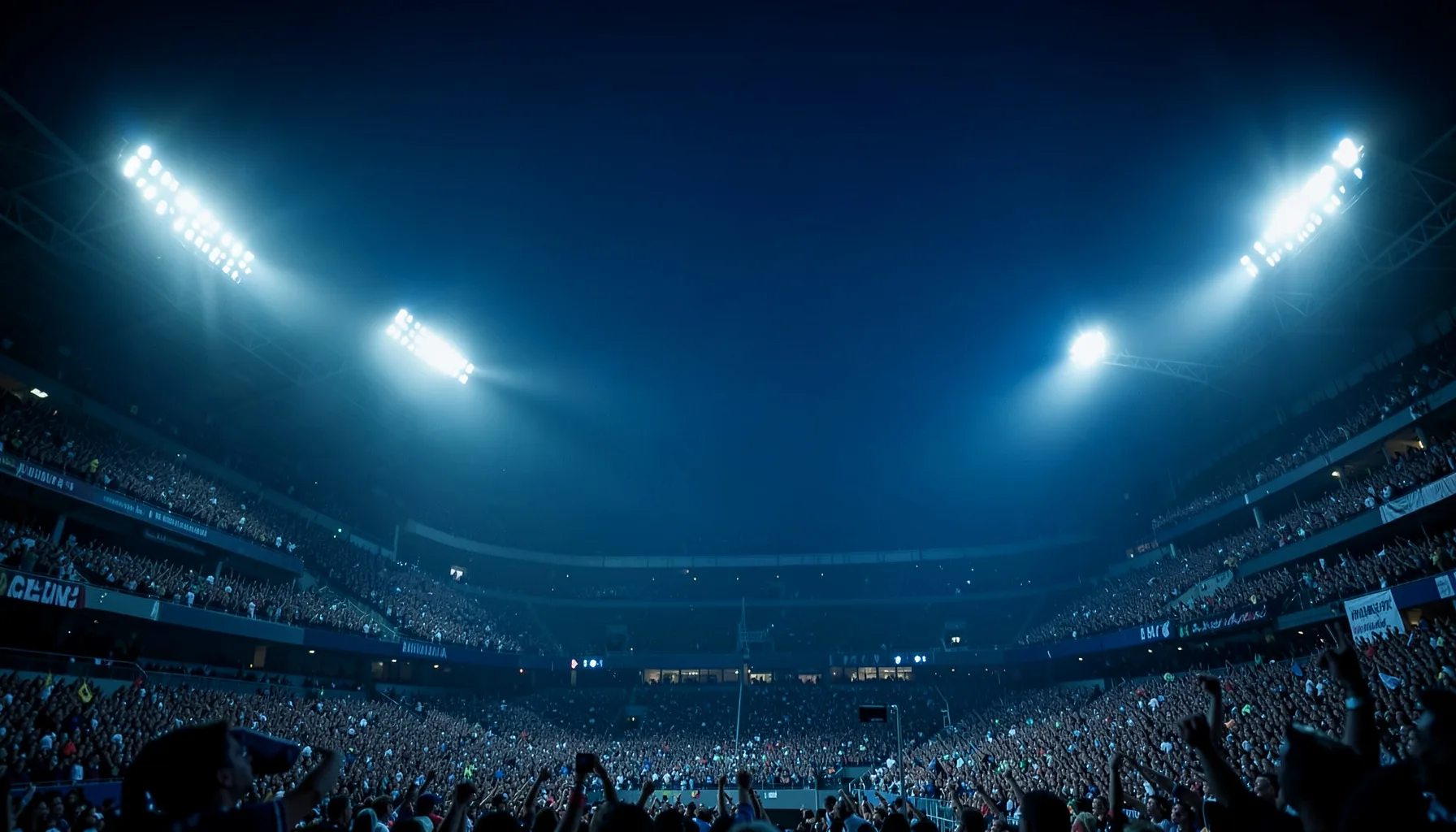 Wide shot of a packed stadium under floodlights, cropped tight, with moody navy and cyan tones.