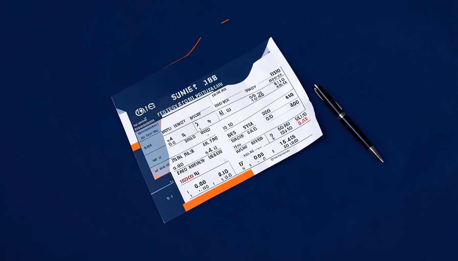 Editorial flat-lay of a sports betting slip and pen on a navy background with bright orange accent line.